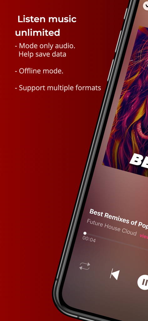 YoMuzik - Music Streaming - YoMuzikアプリのインターフェース。データ節約とオフライン音楽再生のためのオーディオのみモードを表示。