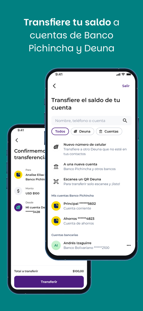 Deuna Negocios: cobra fácil - Interfaz de la app Deuna Negocios para transferir fondos a cuentas de Banco Pichincha