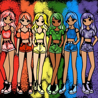 a group of girls wearing crop tops and shorts