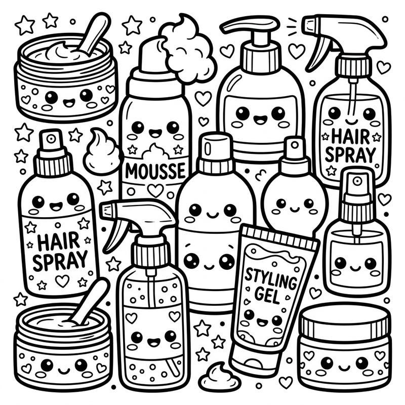 Dive into the adorable world of hair care with this charming Kawaii styling products coloring page. Featuring cute bottles of gel, mousse, and spray, it's perfect for a fun and relaxing coloring session.