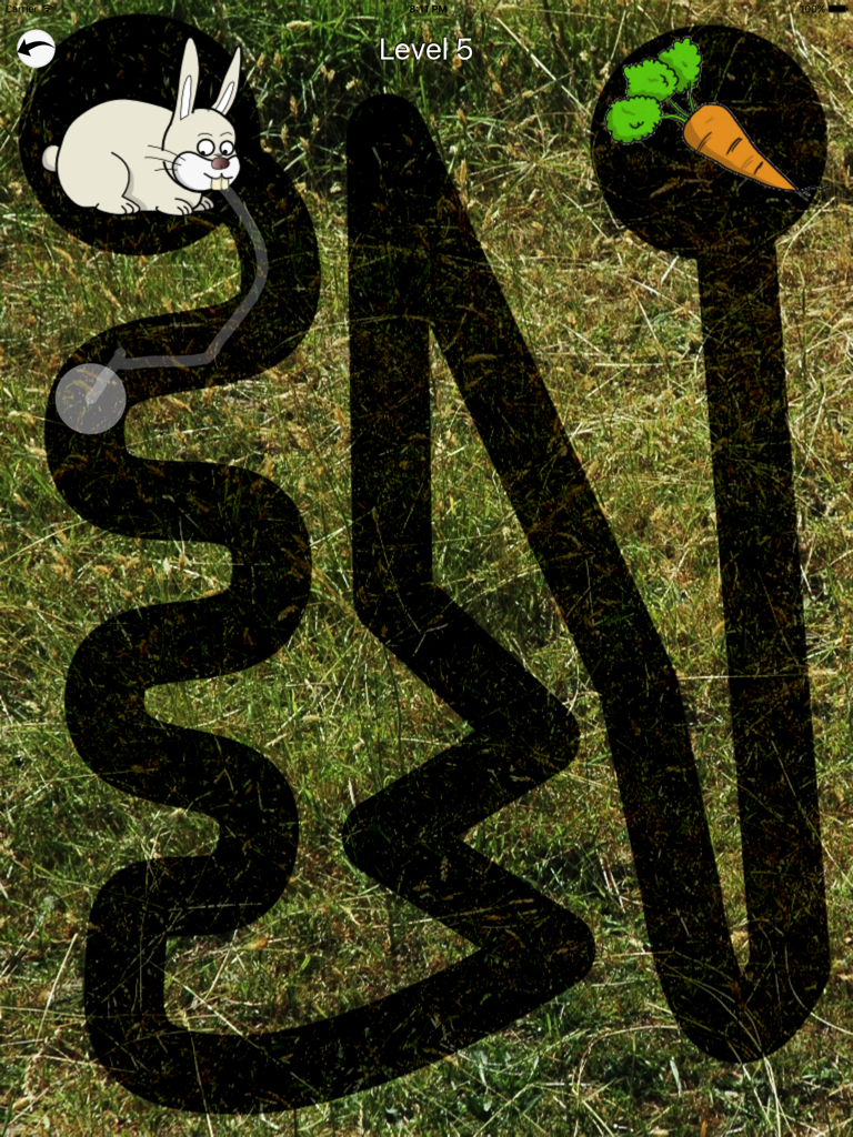 LostRabbit - Captura de pantalla de la aplicación LostRabbit que muestra un conejo de dibujos animados al principio de un camino continuo que conduce a una zanahoria sobre un fondo de césped.