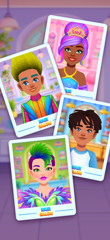 Hair Salon Games For Kids - カラフルでクリエイティブなヘアスタイルを持つ、さまざまな子供キャラクターのポラロイド写真4枚