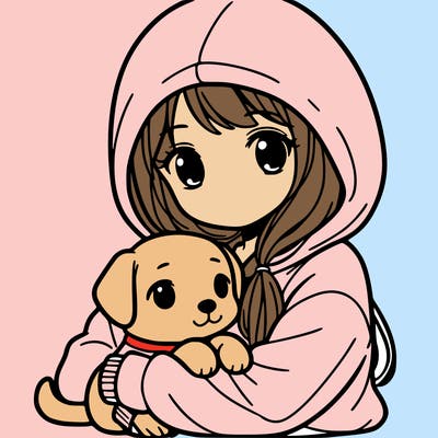 a girl wearing a hoodie hugging a dog