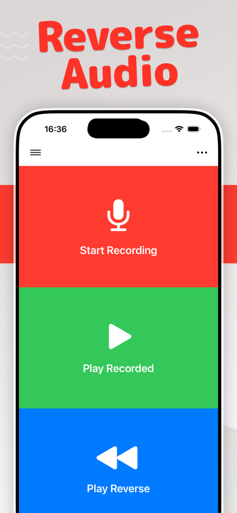 Interfaz principal de la app Canto Inverso y Audio con botones para grabar y reproducir audio en reversa.