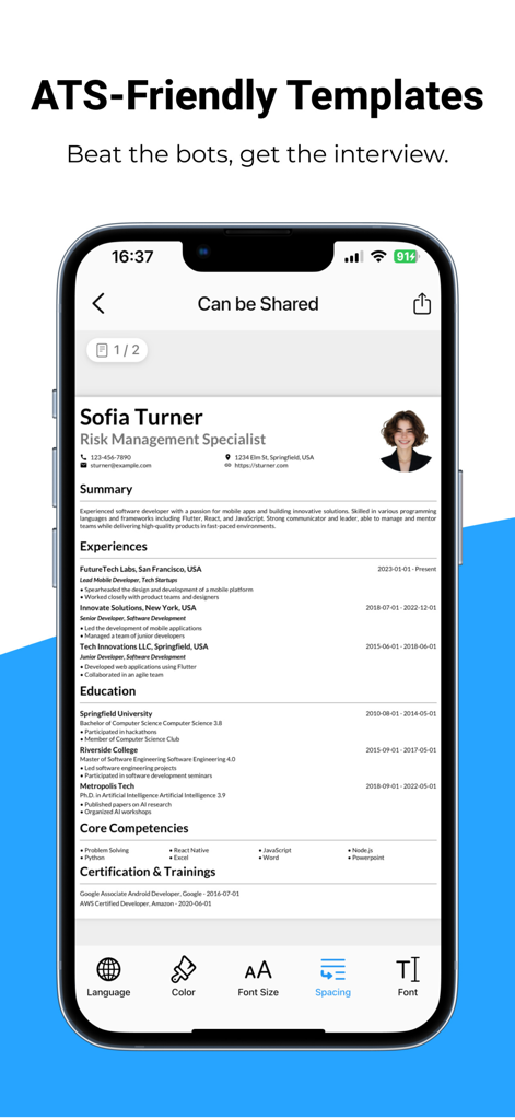Um iPhone exibindo um modelo de currículo compatível com ATS com opções de personalização de fontes e espaçamento no aplicativo Resume AI.