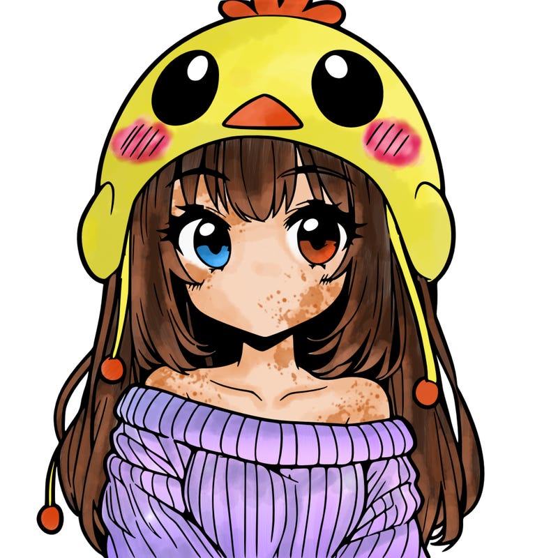 anime girl with chick shaped hat with sweater with bare shoulders with bangs covering them one eye with low tail