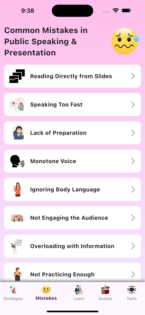 List of common public speaking and presentation mistakes in the Speak and Present Confidently app