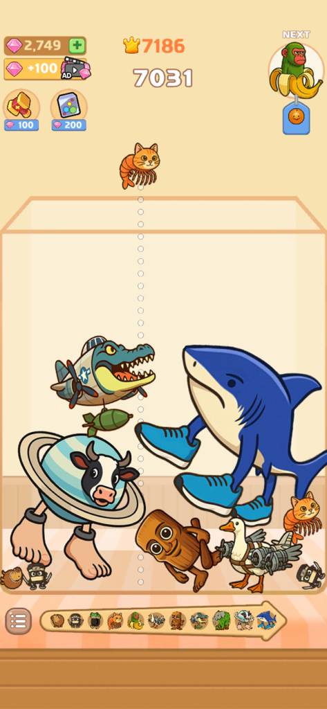 Melon Maker Merge Fruits gameplay screen showing quirky Brainrot character skins being merged.