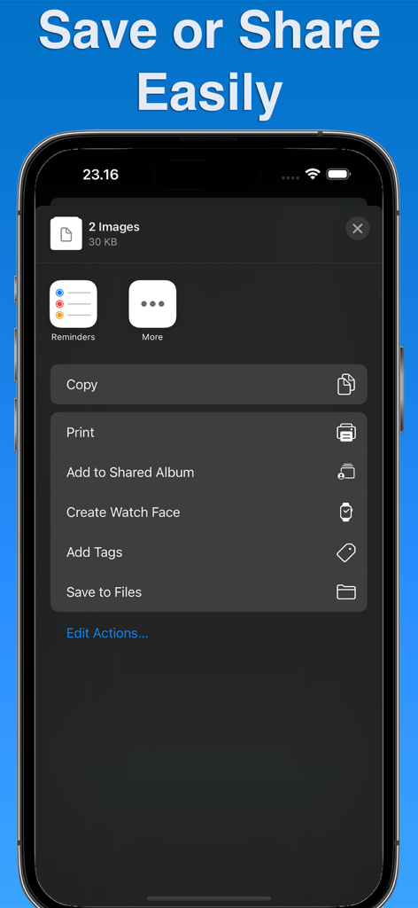 ZIP Extractor・Unzip・Opener - A smartphone display showing the save and share interface for extracted files within the ZIP Extractor app