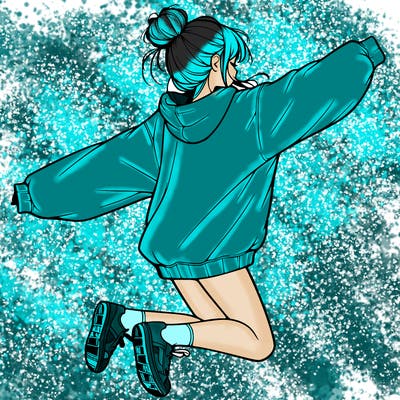 realistic girl jumping with a bun and oversized sweatshirt