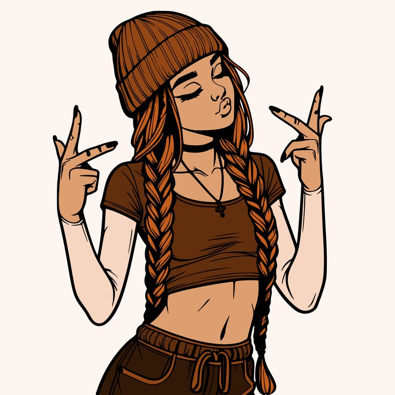 realistic teenage girl with braids and a beanie and crop top doing 🫶🏼