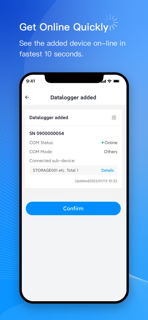 SOLARMAN Business - Pantalla móvil mostrando un datalogger solar añadido correctamente y en línea en la aplicación SOLARMAN Business