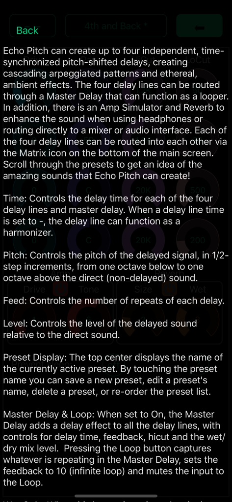 Echo Pitch app screen showing detailed descriptions of delay pitch and looper features