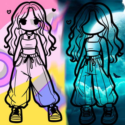 girl in baggy pants crop top and long hair