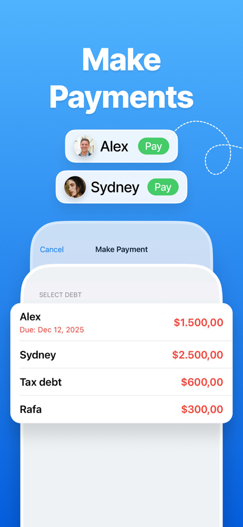Debt Tracker & Manager - Interfaz de la aplicación Rastreador de Deudas que muestra una lista de acreedores y opciones de pago