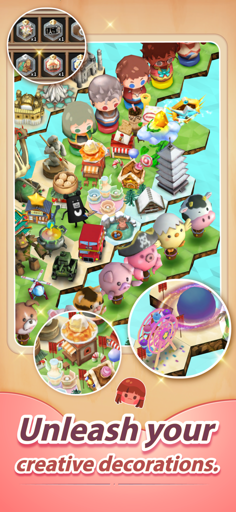 PaGamO - Pantalla de juego de PaGamO con casillas hexagonales y decoraciones creativas del mundo