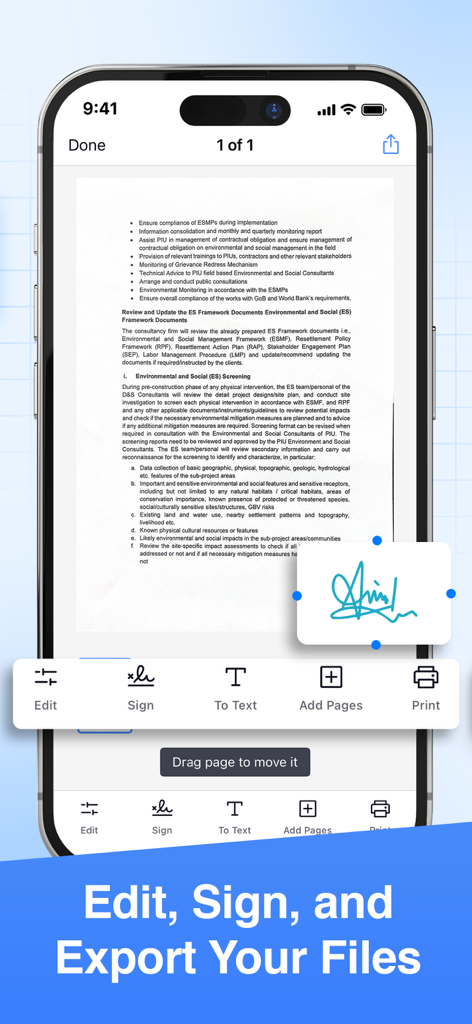 문서 서명 및 편집 도구를 보여주는 PDF 스캐너 앱의 스마트폰 인터페이스
