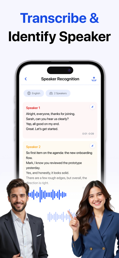 Interfaccia dell'app AI Note Taker per la trascrizione e il riconoscimento dell'oratore.