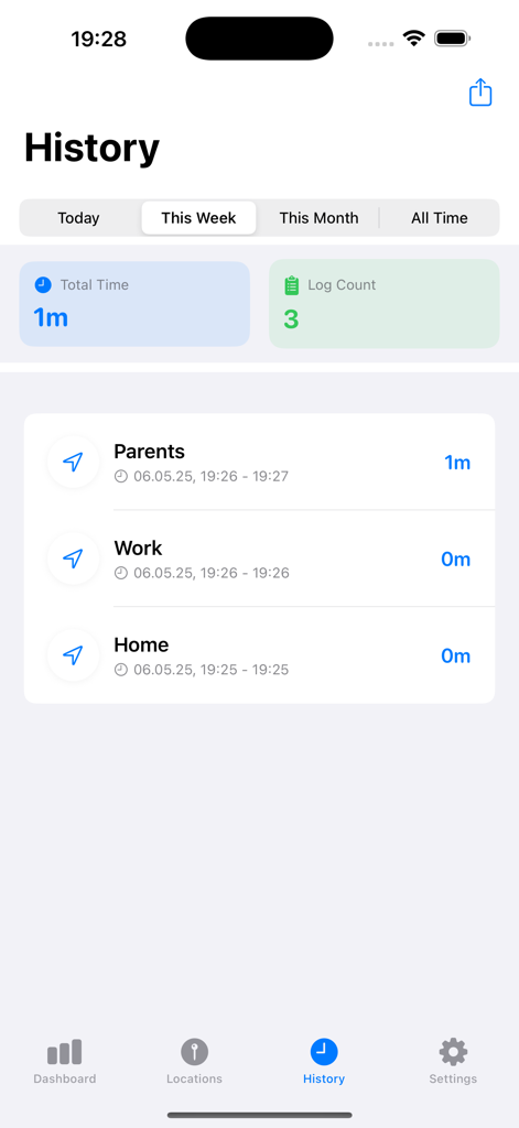 Time@Location - Pantalla de historial de la aplicación Time@Location que muestra registros semanales de seguimiento de tiempo para múltiples ubicaciones guardadas