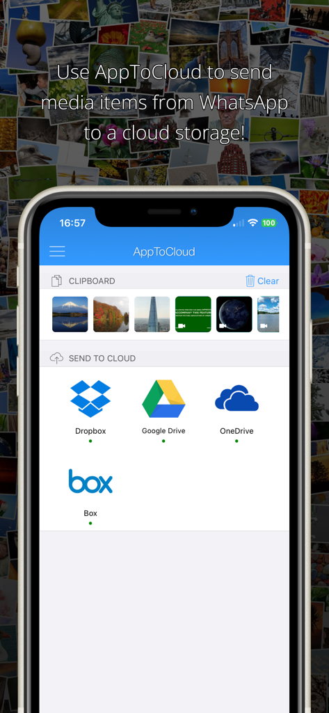 Interface of AppToCloud showing media items and options to transfer them to cloud storage like Dropbox and Google Drive