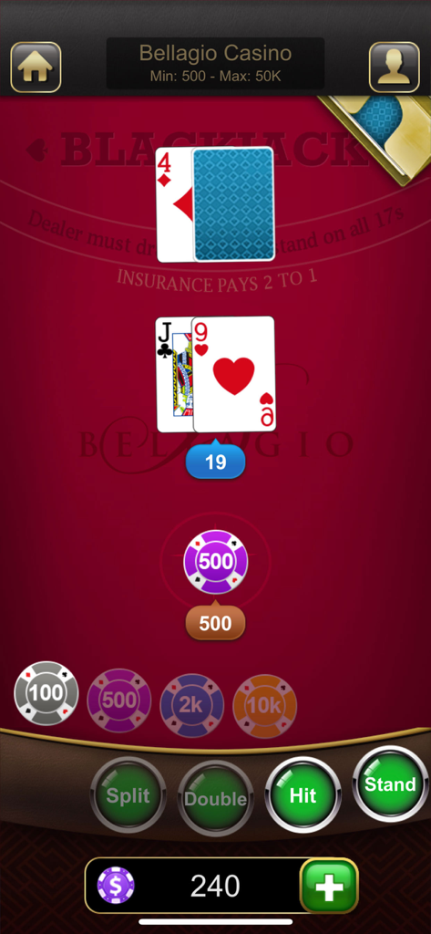 A mobile screen showing a classic Blackjack game with a player hand of nineteen and large cards on a red table.