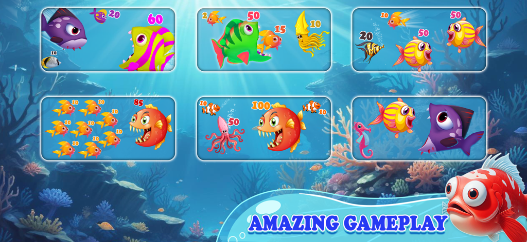 Fish Eat Fish Hunting Games - Colección de escenas de juego que muestran peces coloridos comiendo criaturas más pequeñas para crecer en un entorno submarino