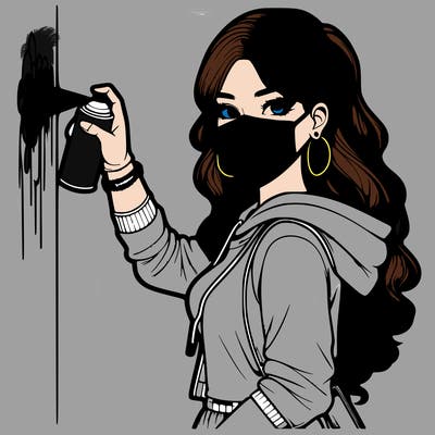 realistic girl with mask spray painting a wall