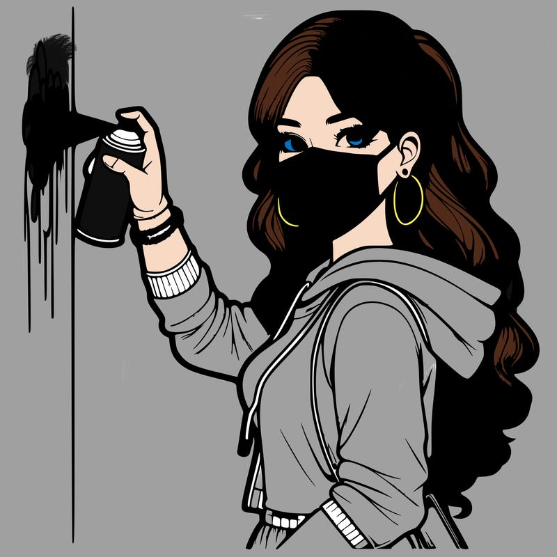 realistic girl with mask spray painting a wall