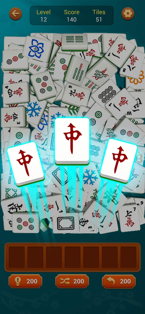 Gameplay screenshot of Mahjong Triple Match showing three identical tiles being matched in a 3D puzzle level.