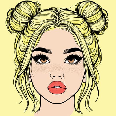 realistic girl with two buns on her hair and lips