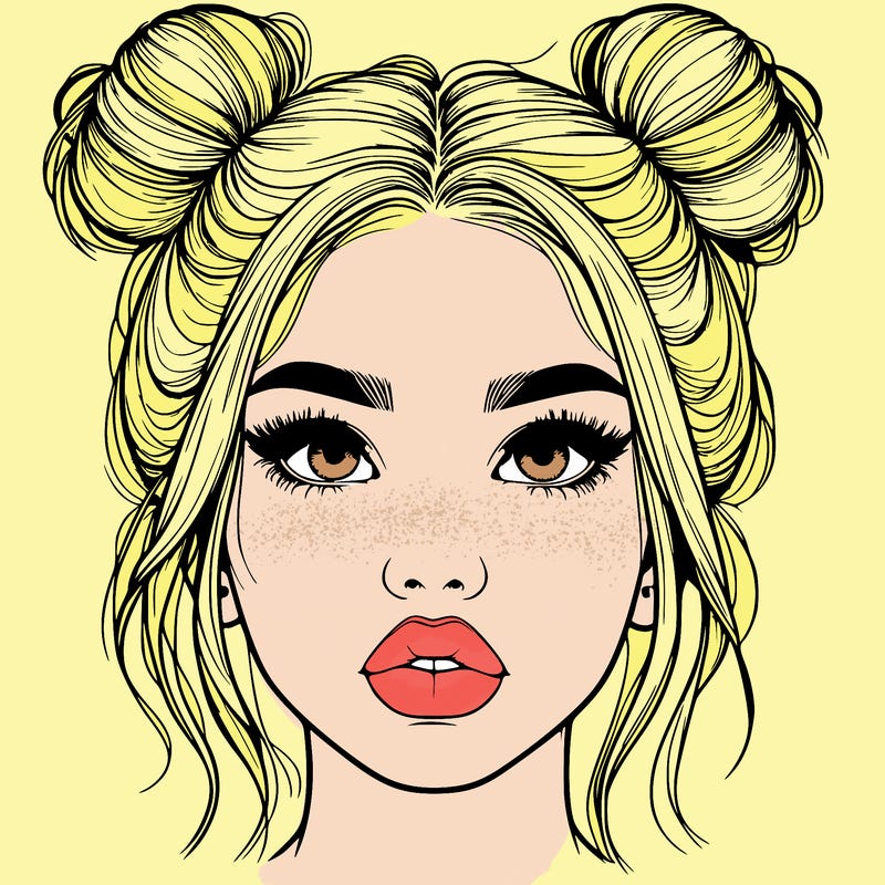 realistic girl with two buns on her hair and lips
