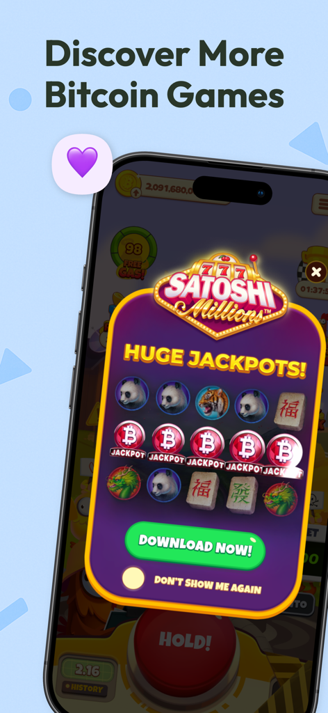 더 많은 비트코인을 얻기 위한 거대한 잭팟 슬롯 게임인 새처 밀리언즈의 인앱 프로모션.