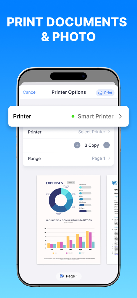Printer App: Smart Print App - Interfaz de la aplicación Smart Print App mostrando la selección de impresora y la vista previa del documento con gráficos de gastos