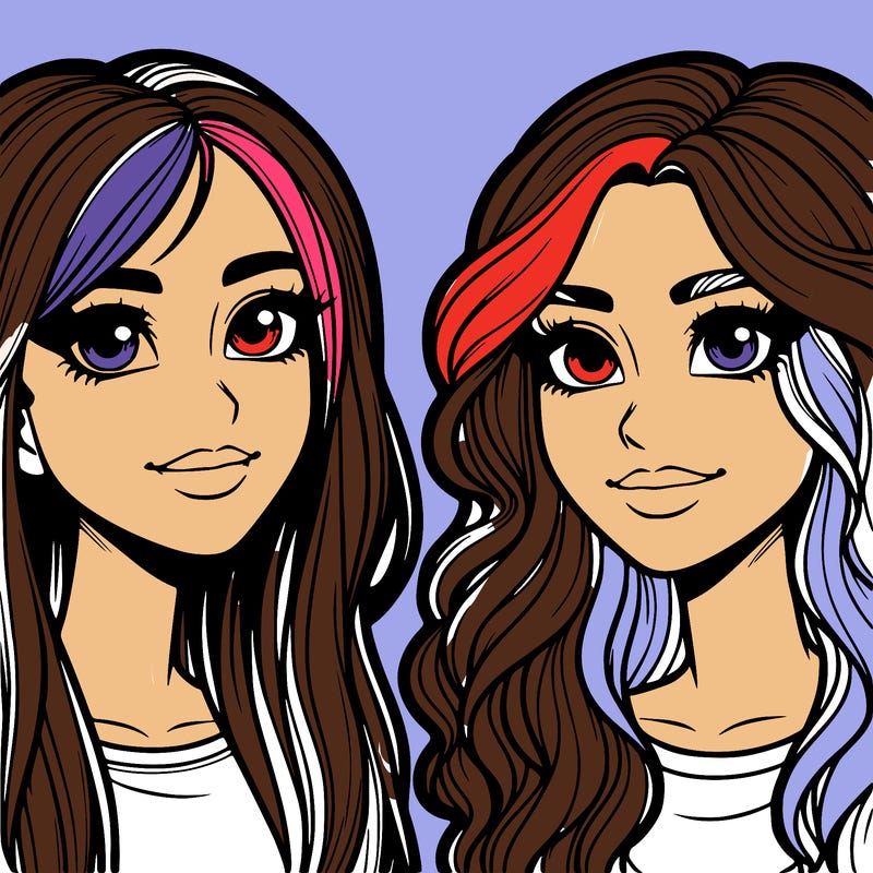 realistic two freinds girls both with blonde hair and brown eyes both hve noses one with straight hair and on with wavy hair realistic