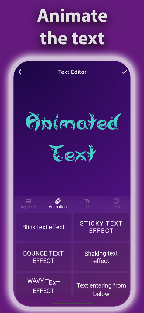 Pro Stickers Maker 3D - Interfaz de la app Pro Stickers Maker 3D mostrando el editor de texto con varias opciones de animación como efectos de rebote y ondulación