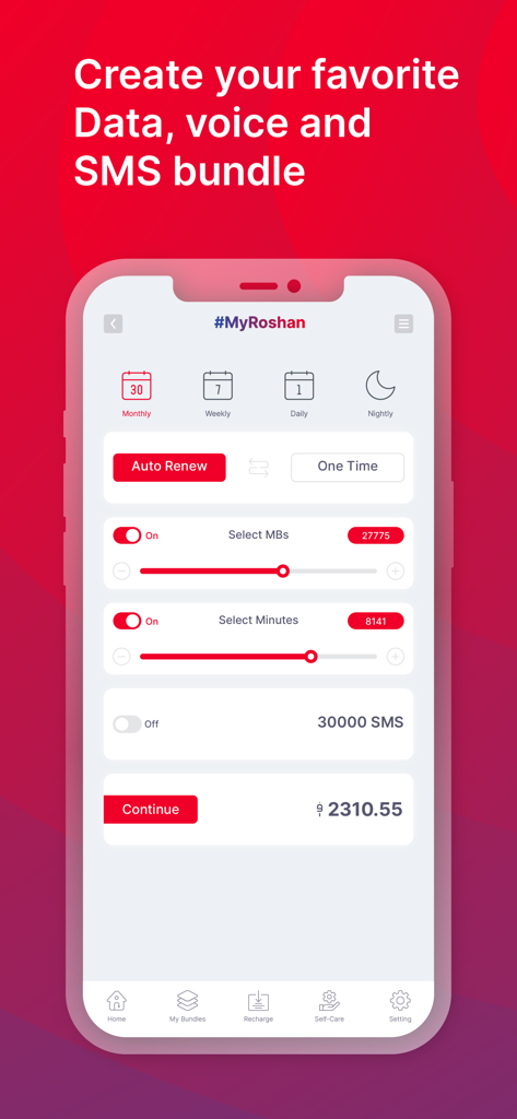 My Roshan - A mobile interface for the My Roshan app showing sliders to customize data, voice, and SMS plans for monthly, weekly, or daily use.