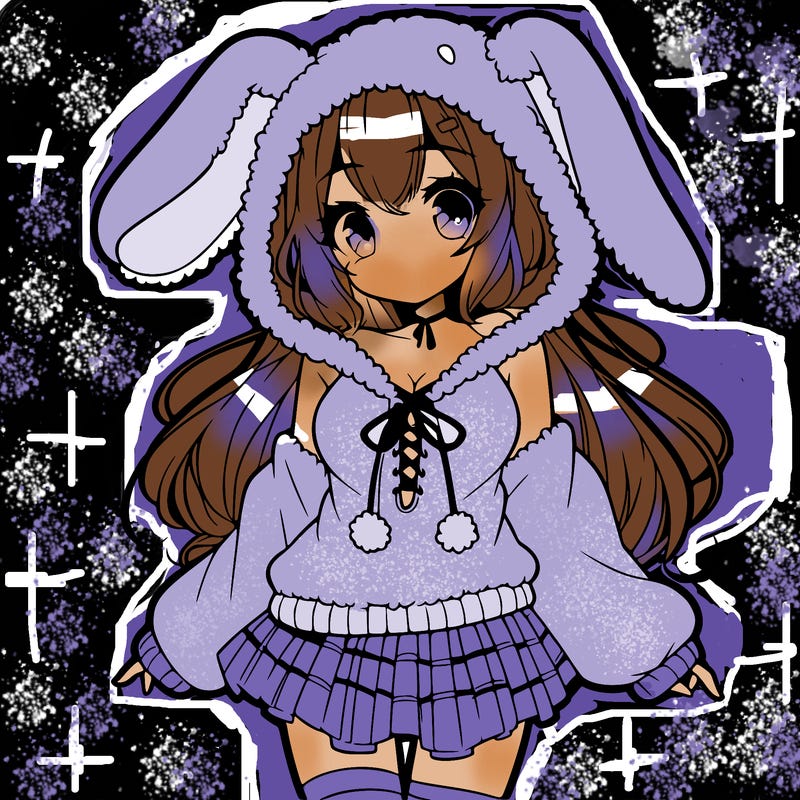 pretty anime girl wearing a fluffy hoodie with bunny ears on the hood and a skirt