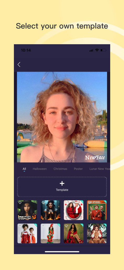 A mobile app screen titled Select your own template featuring a woman's portrait and various character templates like Halloween and Christmas themes for face swapping.