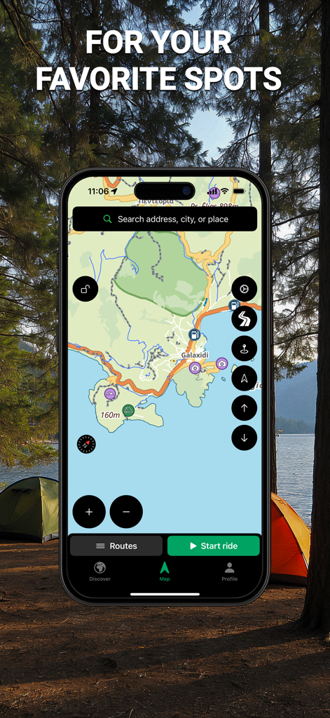 Stegra.io - Motorcycle GPS - Stegra.io motorcycle GPS app interface showing map points of interest for riders over a scenic camping background