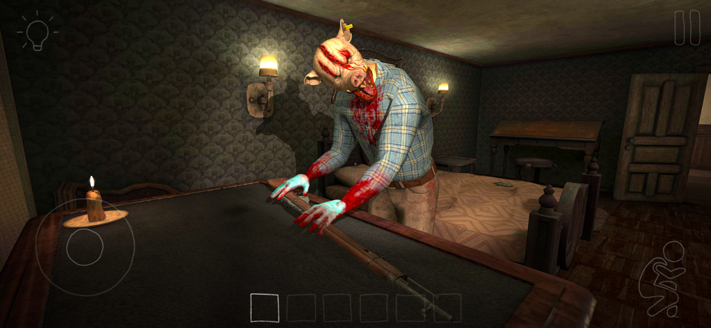 911: Prey (Horror Escape Game) - Un maníaco aterrador con una máscara de cerdo ensangrentada inclinado sobre una mesa con un rifle en el juego 911 Prey