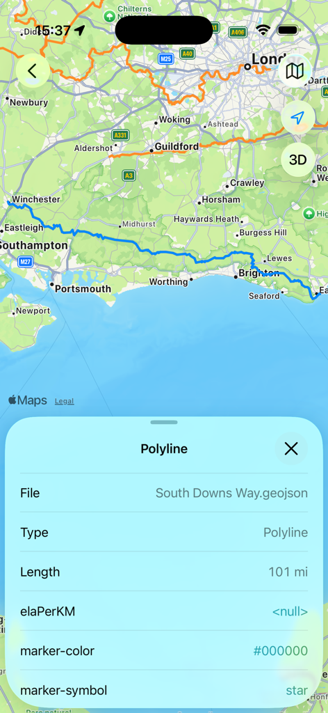 Geodata Map Viewer - Geodata Map Viewer mostrando una ruta GeoJSON de 101 millas en un mapa con sus propiedades de metadatos asociadas