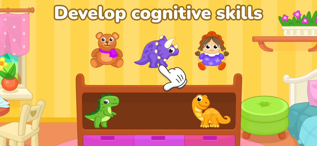 Puzzle mini games for kids - Un tout-petit triant des jouets animaux sur une étagère dans un jeu éducatif coloré