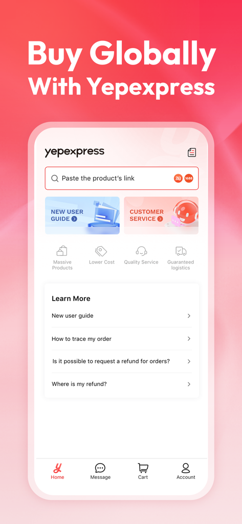 Yepexpress app home screen interface for global shopping and product sourcing
