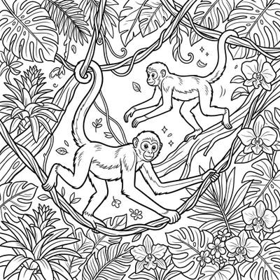 Dive into a lively jungle scene featuring two agile spider monkeys playfully navigating through dense foliage. This detailed coloring page offers an exciting adventure for nature lovers of all ages.
