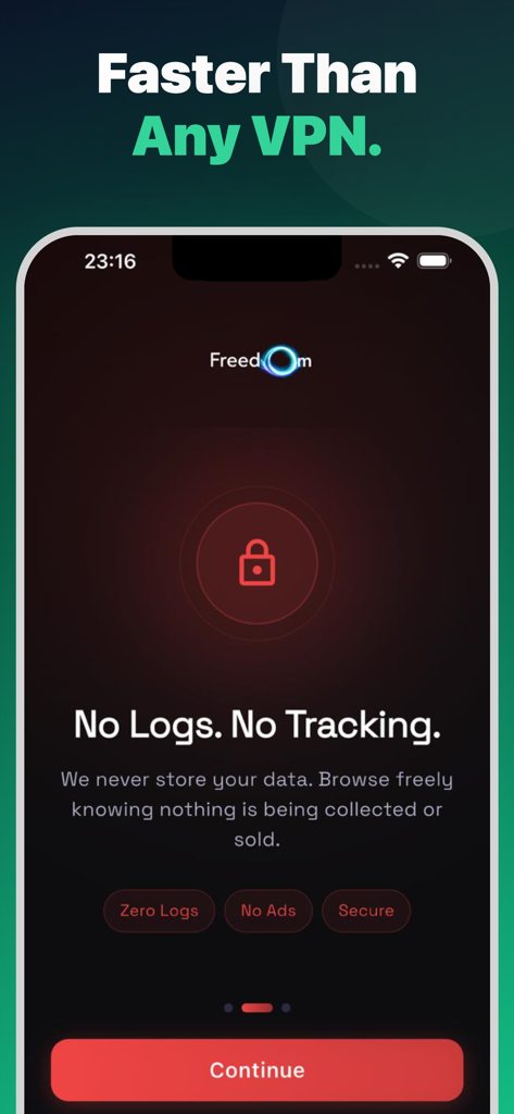 Freedom DNS - Fast & Secure - Interfaz de la aplicación Freedom DNS con beneficios de privacidad de no registros y sin rastreo.