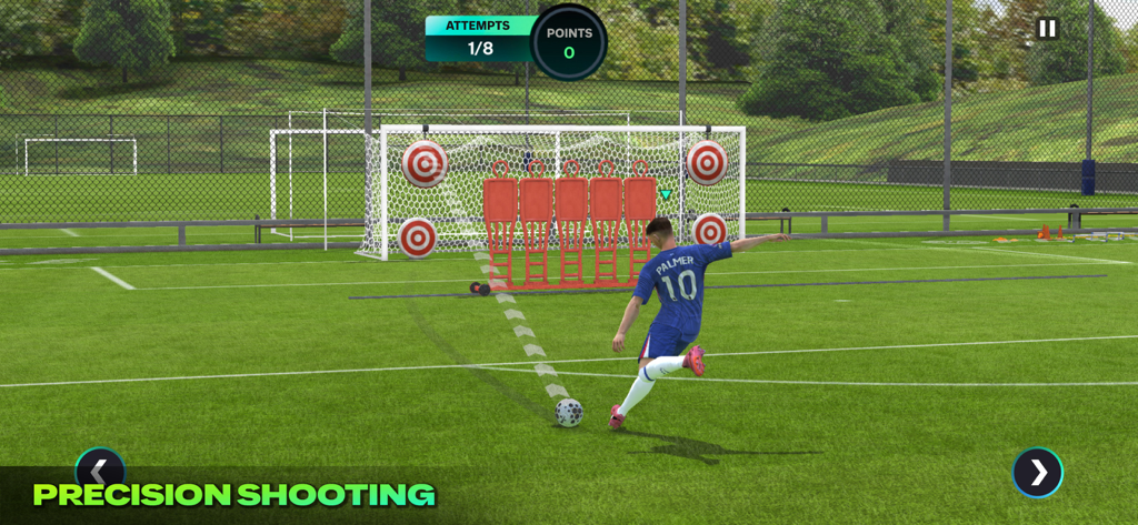 A soccer player taking a shot at goal targets in the EA SPORTS FC Mobile precision shooting training mode