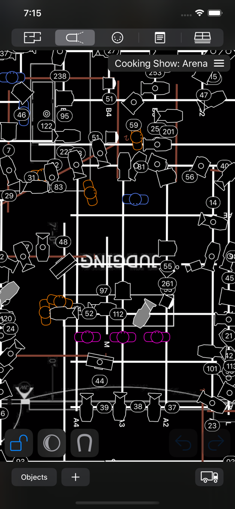 Professional overhead lighting design plot in dark mode for a television set