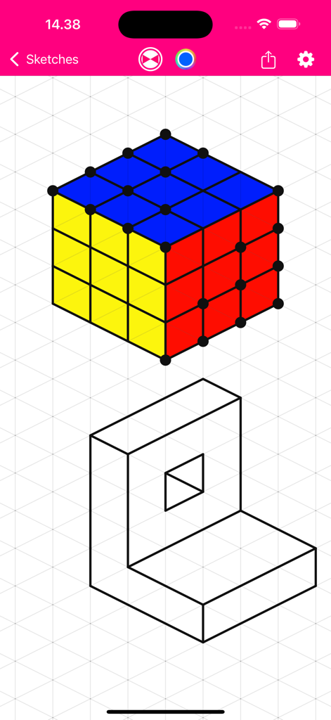 Oberfläche der Isometrischen Zeichen-App, die einen farbigen Würfel und eine geometrische Form auf einem Raster zeigt