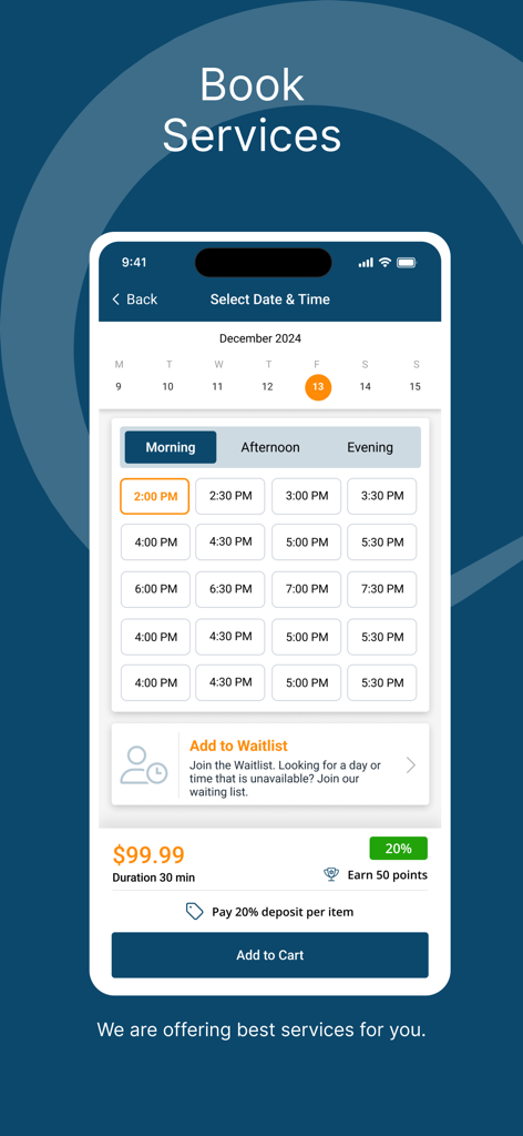 Wellyx mobile app interface for booking services showing a date and time selection screen with available time slots