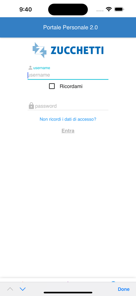 Portale Personale 2.0 - Schermata di login dell'app di produttività HR Portale Personale 2.0 che mostra i campi per nome utente e password